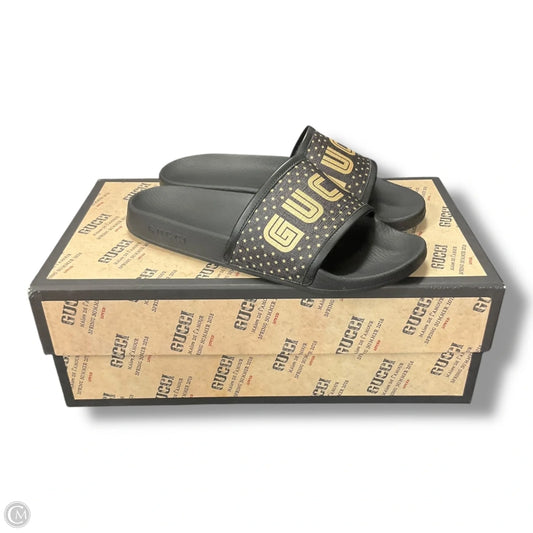 Sandals Luxury Designer By Gucci In Black & Gold, Size: 8.5
