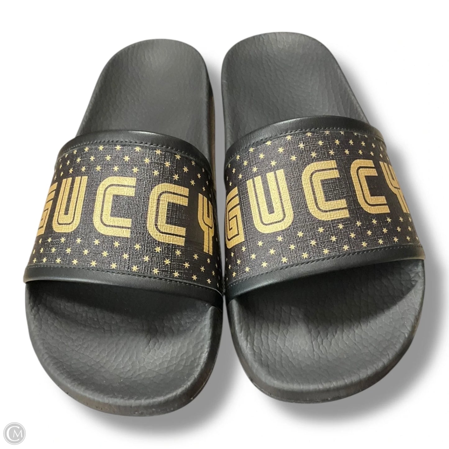 Sandals Luxury Designer By Gucci In Black & Gold, Size: 8.5