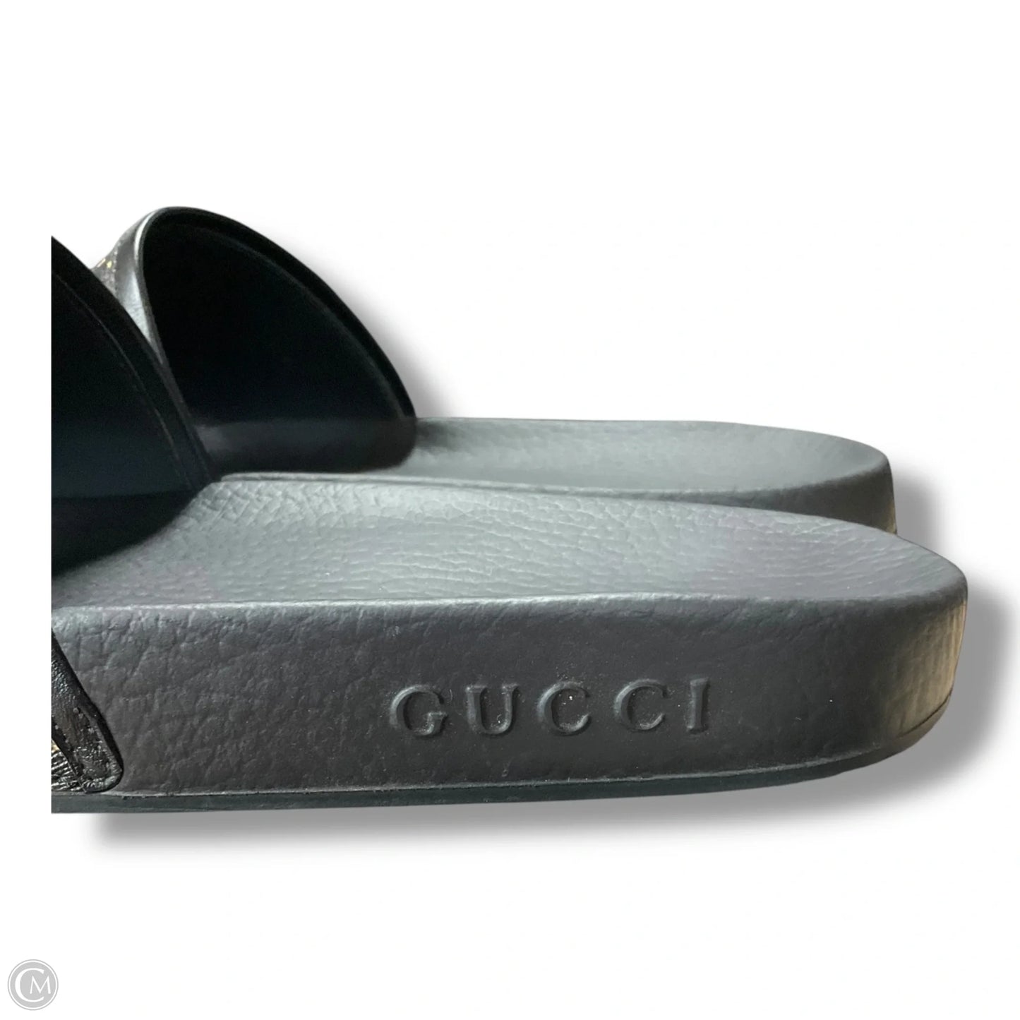 Sandals Luxury Designer By Gucci In Black & Gold, Size: 8.5