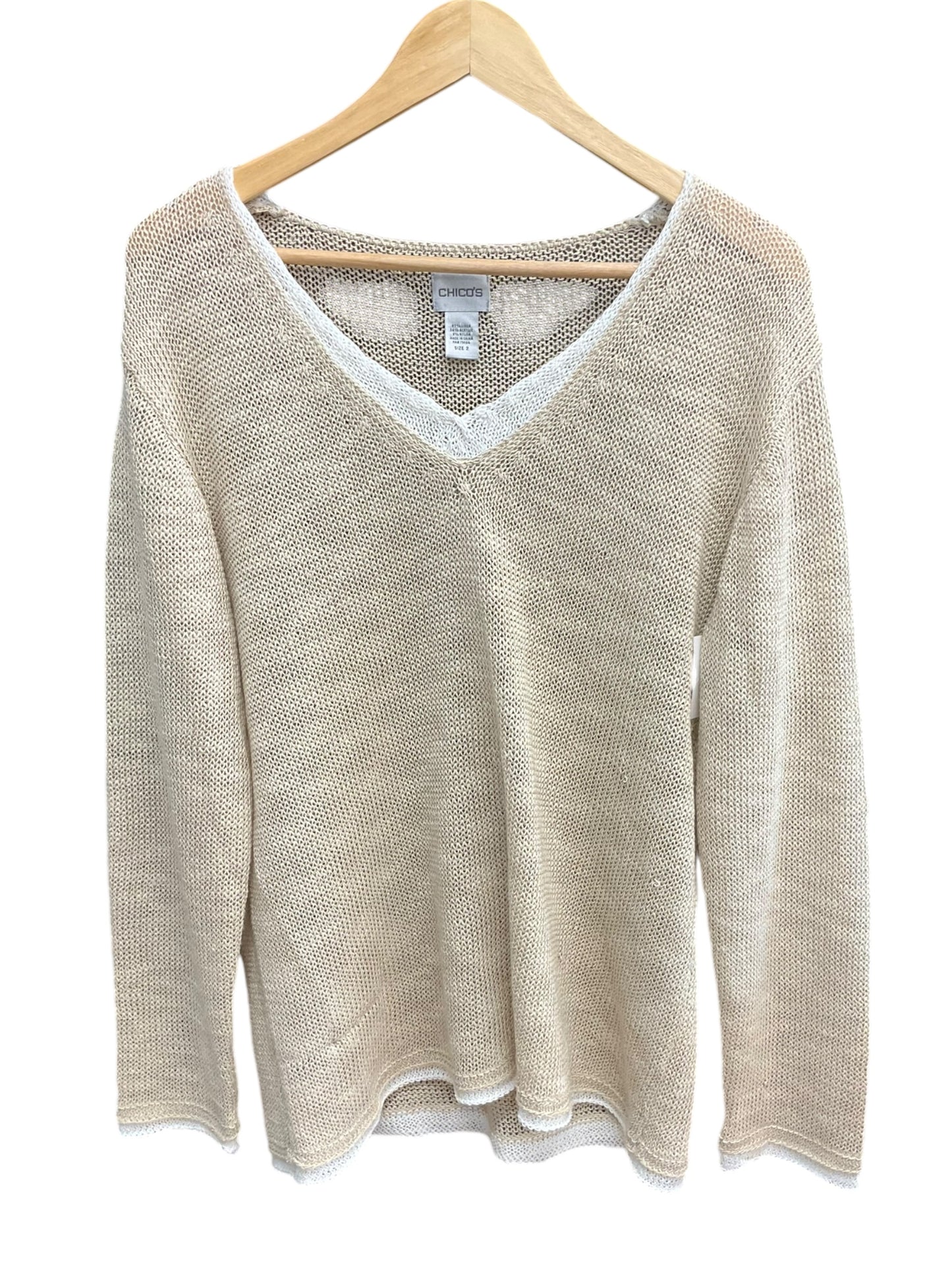 Sweater By Chicos In Tan & White, Size: L